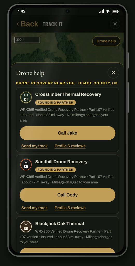 Drone help screen with pilot cards